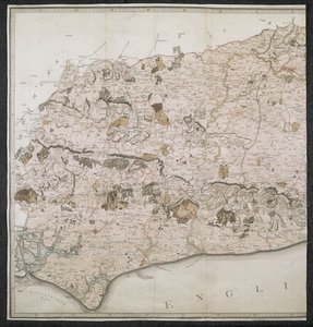 Un mapa topográfico del condado de Sussex, dividido en violaciones, decanatos y cientos. Planificado a partir de una encuesta real por una escala de una pulgada a una milla terrestre de English School
