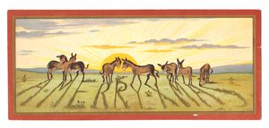 Tarjeta navideña victoriana de una puesta de sol proyectando sombras de una fila de burros que dice "Feliz Navidad", circa 1880 de English School