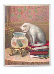 Tarjeta navideña victoriana de un gato sentado sobre una pila de libros y mirando dentro de una pecera, c.1880 (litografía en color)