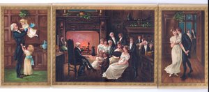 Tarjeta navideña victoriana de un padre y sus hijos, un padre contando una historia a un grupo familiar y un caballero intentando besar a una dama bajo el muérdago, c.1880 de English School
