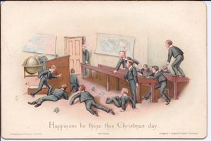 Tarjeta navideña victoriana de un director mirando a niños traviesos en un aula, c.1880