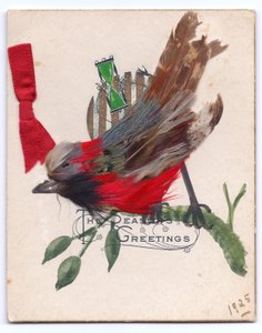 Tarjeta navideña victoriana de un petirrojo hecho de plumas