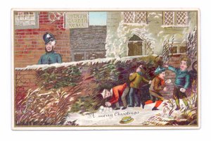 Tarjeta navideña victoriana de niños escondidos detrás de un muro de ladrillos lanzando una bola de nieve a un policía, c.1880 de English School