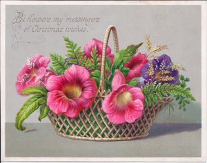 Tarjeta navideña victoriana de flores en una cesta de mimbre, c.1880