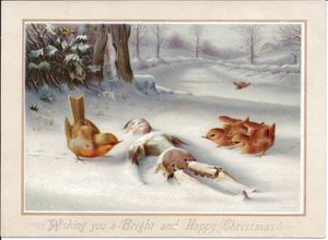 Tarjeta navideña victoriana de Robbins mirando una marioneta de madera en la nieve, c.1880 (litografía en color)