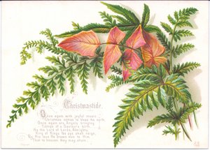 Tarjeta navideña victoriana con un ramo de helechos, c.1880