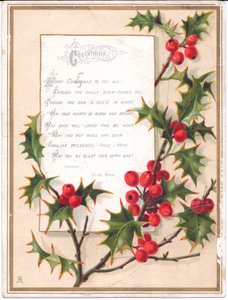 Tarjeta navideña victoriana con un gran ramo de acebo y un verso, c.1880