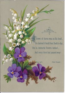 Tarjeta de felicitación victoriana de violetas y campanillas de invierno, circa 1880
