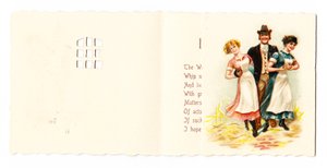 Tarjeta de felicitación victoriana de un caballero con dos sirvientas, circa 1880 de English School