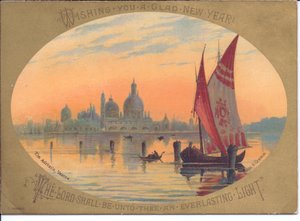 Tarjeta victoriana de Año Nuevo de un barco y góndolas en el mar Adriático, Venecia, c.1880 (litografía en color) de English School