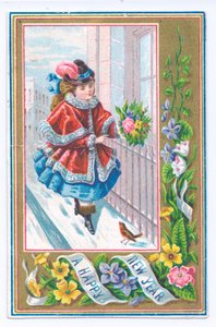 Tarjeta de Año Nuevo victoriana de una niña vestida con una capa forrada de piel sosteniendo un ramo de flores caminando en la nieve, c.1880 de English School