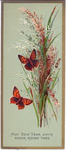 Tarjeta de Año Nuevo victoriana de dos mariposas entre hierbas altas, c.1880