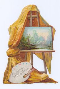 Tarjeta victoriana con forma troquelada de un cuadro sobre un caballete de artista con un drapeado encima, c.1880 (litografía en color). de English School