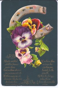 Una tarjeta de felicitación victoriana de buena suerte con un herradura y pensamientos, c.1880 de English School