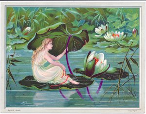 Tarjeta de felicitación victoriana de un hada navegando en un arroyo sobre una hoja de loto con una hoja de lirio como dosel, c.1880 de English School