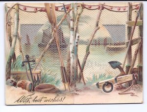 Tarjeta de felicitación victoriana de barcos de vela vistos a través de una pantalla de gasa, c.1880 de English School