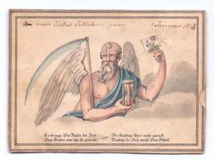 Tarjeta de felicitación victoriana de la Parca con una guadaña y un reloj de arena sosteniendo una rosa, c.1815