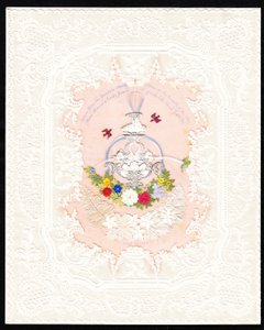 Tarjeta de San Valentín victoriana de encaje de papel de una fuente con flores, c.1870 (litografía en color)