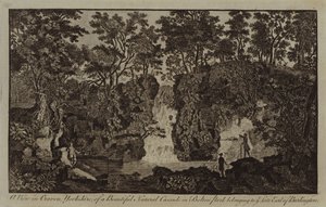 Una vista en Craven, Yorkshire, de una hermosa cascada natural en Bolton Park perteneciente a Ye Late Earl of Burlington (grabado) de English School