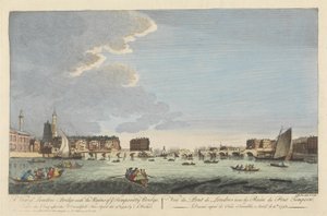 Vista del Puente de Londres con las Ruinas del Puente Temporal después del Incendio del 11 de abril de 1758 (grabado coloreado)