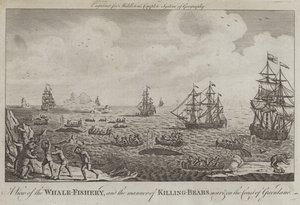 Vista de la pesca de ballenas y la manera de matar osos cerca y en la costa de Groenlandia de English School