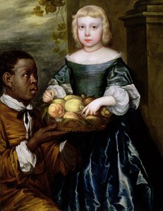 Una joven siendo ofrecida una cesta de frutas por un sirviente, c.1650 de English School