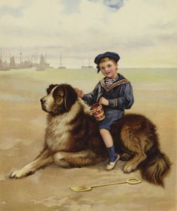 Un niño sentado sobre su perro en la playa de English School