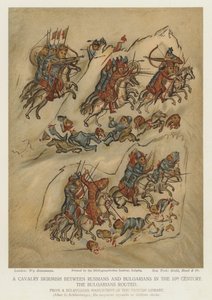 Escaramuza de caballería entre rusos y búlgaros en el siglo X (litografía en color)