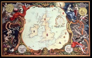 Un gráfico que muestra los varios lugares de acción entre las flotas inglesa y española, con los lugares donde varios de los barcos españoles fueron destruidos en su regreso a España, publicado en 1739, por John Pine (grabado a mano) de English School