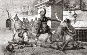 Un combate entre gladiadores en la antigua Roma, de la Historia Ilustrada del Mundo de Ward y Lock, pub. c.1882 de English School