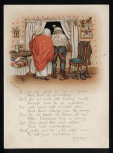 Una pareja objetando a los cantantes de villancicos fuera de su ventana, tarjeta de felicitación de Navidad. de English School