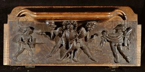 Una misericordia dañada que representa a tres hombres luchando con dagas y espadas, Capilla del New College, Oxford, finales del siglo XIV (madera)