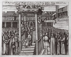 Descripción del Maestro Latimer, predicando ante el Rey Eduardo VI en el lugar de predicación en Westminster, ilustración de Hechos y Monumentos de John Foxe, novena edición, pub. 1684 de English School