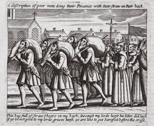 Una descripción de hombres pobres haciendo su penitencia con su paja en la espalda, ilustración de Hechos y Monumentos de John Foxe, novena edición, pub. 1684
