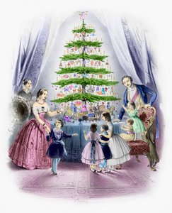 Una familia alrededor de un árbol de Navidad