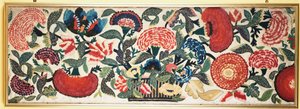 Un panel de fieltro y apliqué con detalles bordados en seda que representan claveles, tulipanes y otras flores desbordando de una cesta sobre un fondo de lana marfil, c.1730-40 de English School