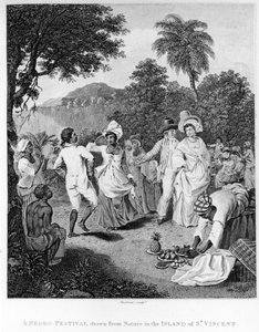 Un festival en la isla de San Vicente, de La Historia, Civil y Comercial, de las Colonias Británicas en las Indias Occidentales por Bryan Edwards, grabado por Philipp Audinet, edición revisada de 1794