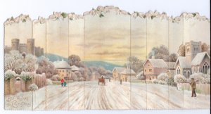 Tarjeta navideña victoriana plegable de un castillo y una iglesia y un hombre llevando una pala en la nieve, c.1880