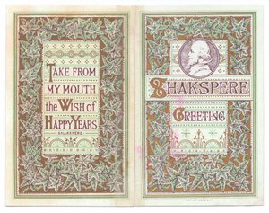 Portada y contraportada de una tarjeta de felicitación victoriana con una imagen de William Shakespeare, c.1880