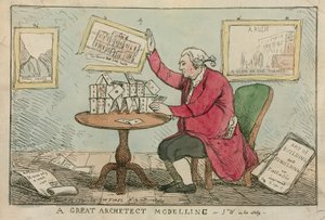 Un gran arquitecto modelando - caricatura de Sir William Chambers, arquitecto de Somerset House de English School