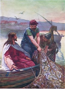 Una gran corriente de peces, de The Bible Picture Book publicado por Thomas Nelson, c.1950 (litografía en color) de English School