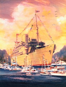 Un gran momento en la historia de la Royal Mail Line, el Andes llega a Oslo en 1945 (litografía en color)