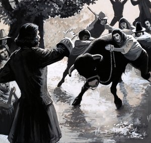 Un grupo de perturbadores intentó interrumpir la predicación de John Wesley conduciendo un toro hacia la multitud de English School