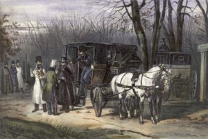 Un grupo de hombres desembarcando de su carruaje de English School