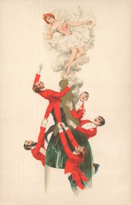 Un grupo de hombres con chaquetas rojas escalando una botella de champán de English School