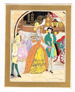 Tarjeta de Navidad francesa pochoir coloreada a mano que representa a un lacayo saludando a un par de visitantes con vestimenta de la Regencia, circa 1920