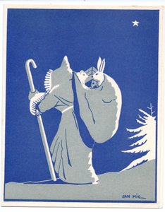 Tarjeta de Navidad Pochoir francesa coloreada a mano de Papá Noel en silhoutte, caminando con un bastón, llevando un saco con un conejo y un oso, hacia 1920 (plantilla).