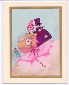 Tarjeta de Navidad francesa pochoir coloreada a mano de una dama de la Regencia con un manguito, acompañada por un caballero con sombrero de copa, circa 1920 de English School