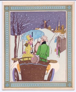 Tarjeta de Navidad Francesa Pochoir coloreada a mano de una pareja de Rencecy en un carruaje abierto atravesando la nieve, circa 1920 de English School
