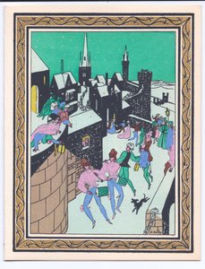 Tarjeta de Navidad francesa pochoir coloreada a mano de un desfile de músicos actuando en las murallas de un castillo, c.1920 de English School